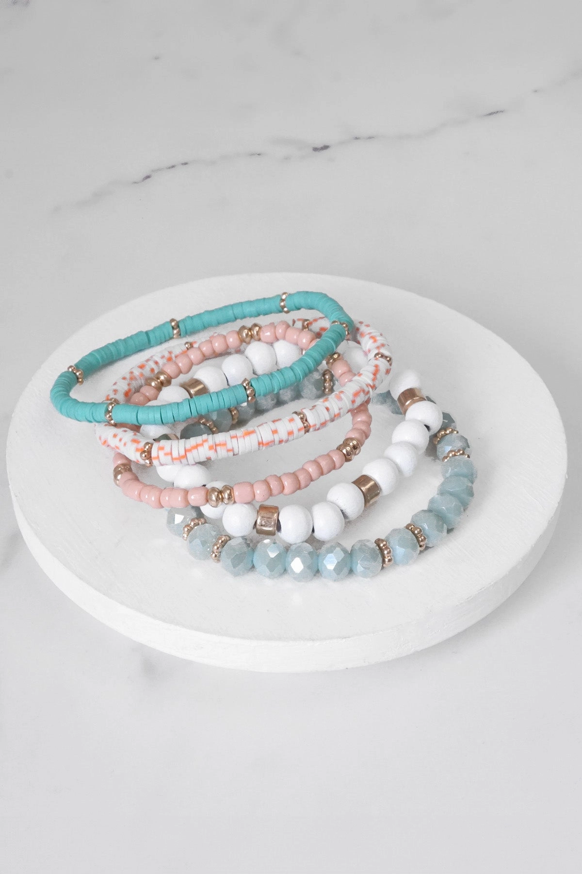 Extensive Mixes Transformative Style Summer Fresh Mint Pink White stack clay glass wood beads bracelets set