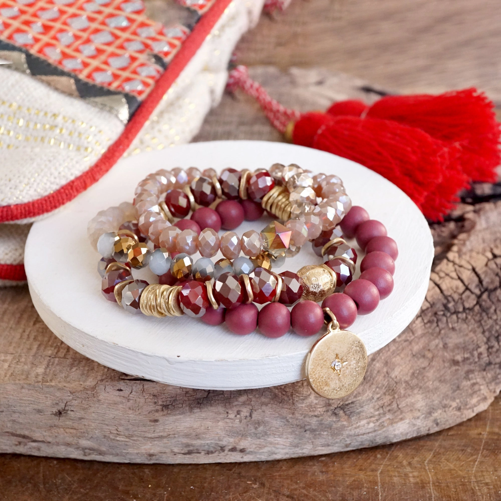 New-Age Clarity Beaded bracelets set in Red Burgundy with a coin charm