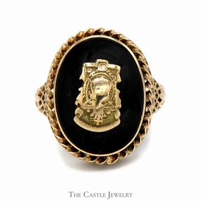 Onyx Shield Ring with Detailed Open Designed 10k Yellow Gold Mounting Timeless Trend