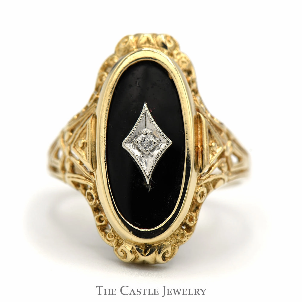 Elongated Oval Black Onyx Shield Ring with Diamond Accent in 10k Yellow Gold Lustrous Shine