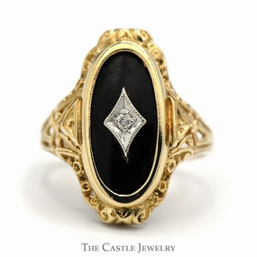 Elongated Oval Black Onyx Shield Ring with Diamond Accent in 10k Yellow Gold Lustrous Shine