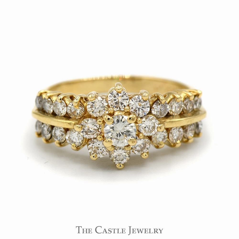 Special Appearance 1.25cttw Flower Shaped Diamond Cluster Ring with Diamond Accented Sides in 14k Yellow Gold