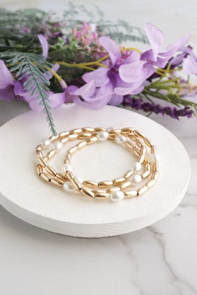 Gold tone and pearls beaded bracelet stack of 3 bracelets Contemporary Take