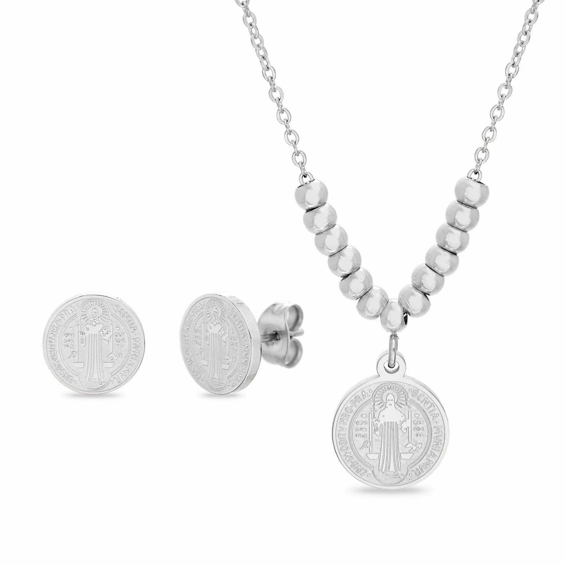 My Bible Stainless Steel Religious Medal St. Benedict Necklace and Earring Set Street Style