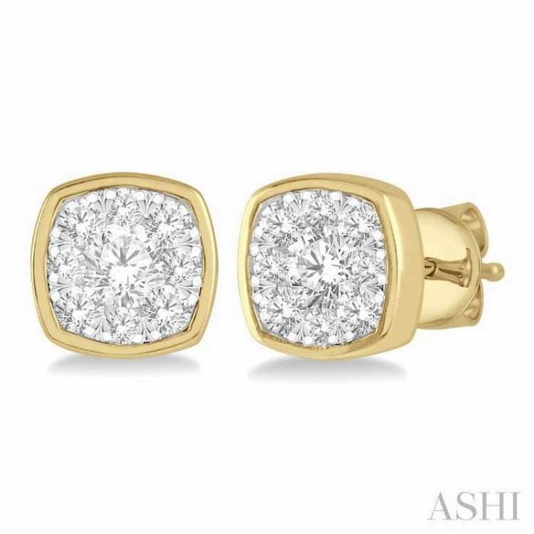 Elegant Craft Fresh Style 1/3 Ctw Cushion Shape Round Cut Diamond Lovebright Bezel Stud Earring in 14K Yellow and White Gold