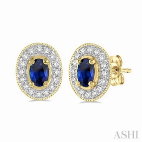 Multi Purpose Radiant Look 5x3 MM Oval Cut Sapphire and 1/4 Ctw Round Cut Diamond Earrings in 14K Yellow Gold