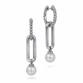 925 Sterling Silver Pearl Bujukan Huggie Drop Earrings Fashion Look Monochrome Mood