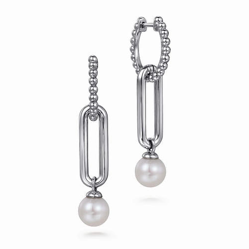 925 Sterling Silver Pearl Bujukan Huggie Drop Earrings Fashion Look Monochrome Mood