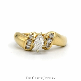 Marquise Cut Diamond Engagement Ring with Channel Set Diamond Accents in 14k Yellow Gold Classic Trinket Size Flexible