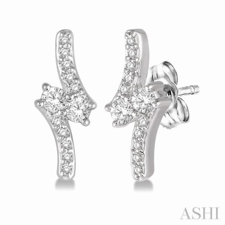 Fashion Classic 1/3 Ctw Asymmetrical 2Stone Round Cut Diamond Earrings in 14K White Gold