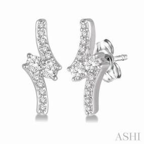 Fashion Classic 1/3 Ctw Asymmetrical 2Stone Round Cut Diamond Earrings in 14K White Gold