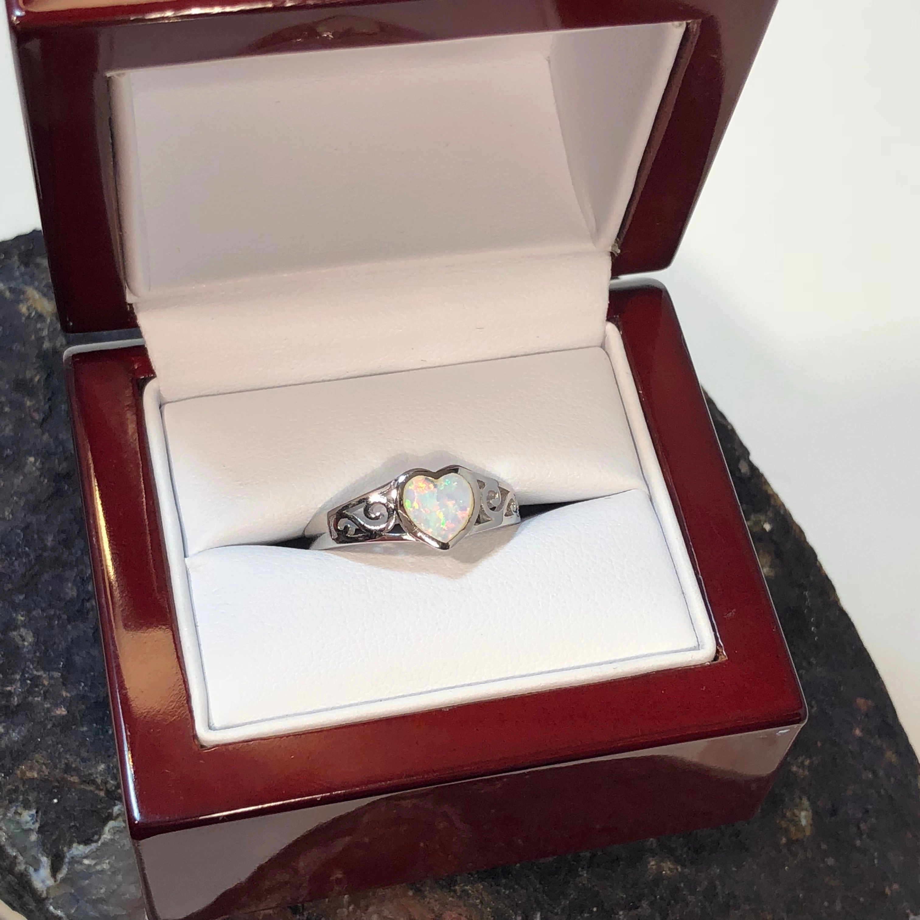 Custom product Finished Goods Opal Heart Ring in Wood Box