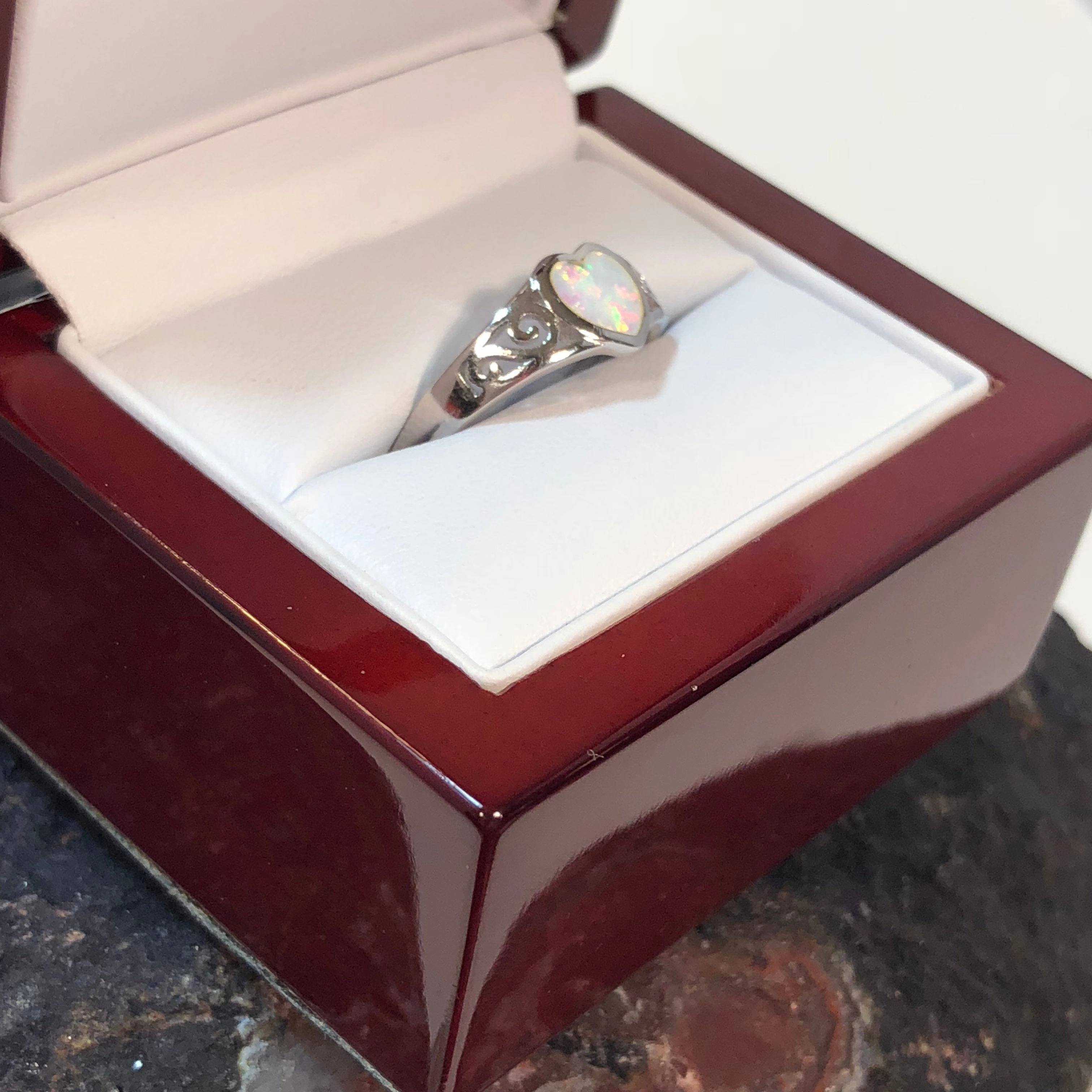Opal Heart Ring in Wood Box Premium Look