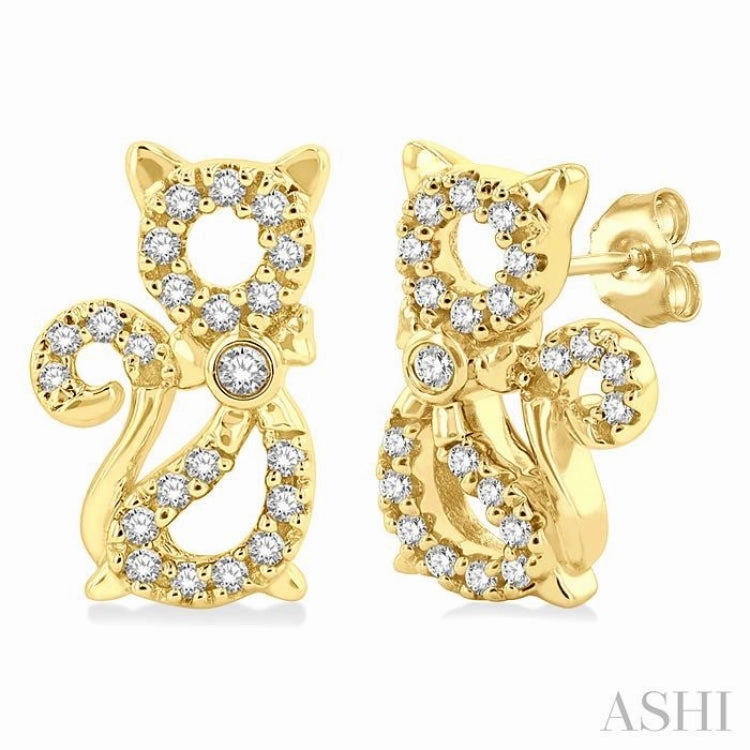 Dazzling Piece 1/8 Ctw Petite Cat Motif Round Cut Diamond Fashion Stud Earring in 10K Yellow Gold