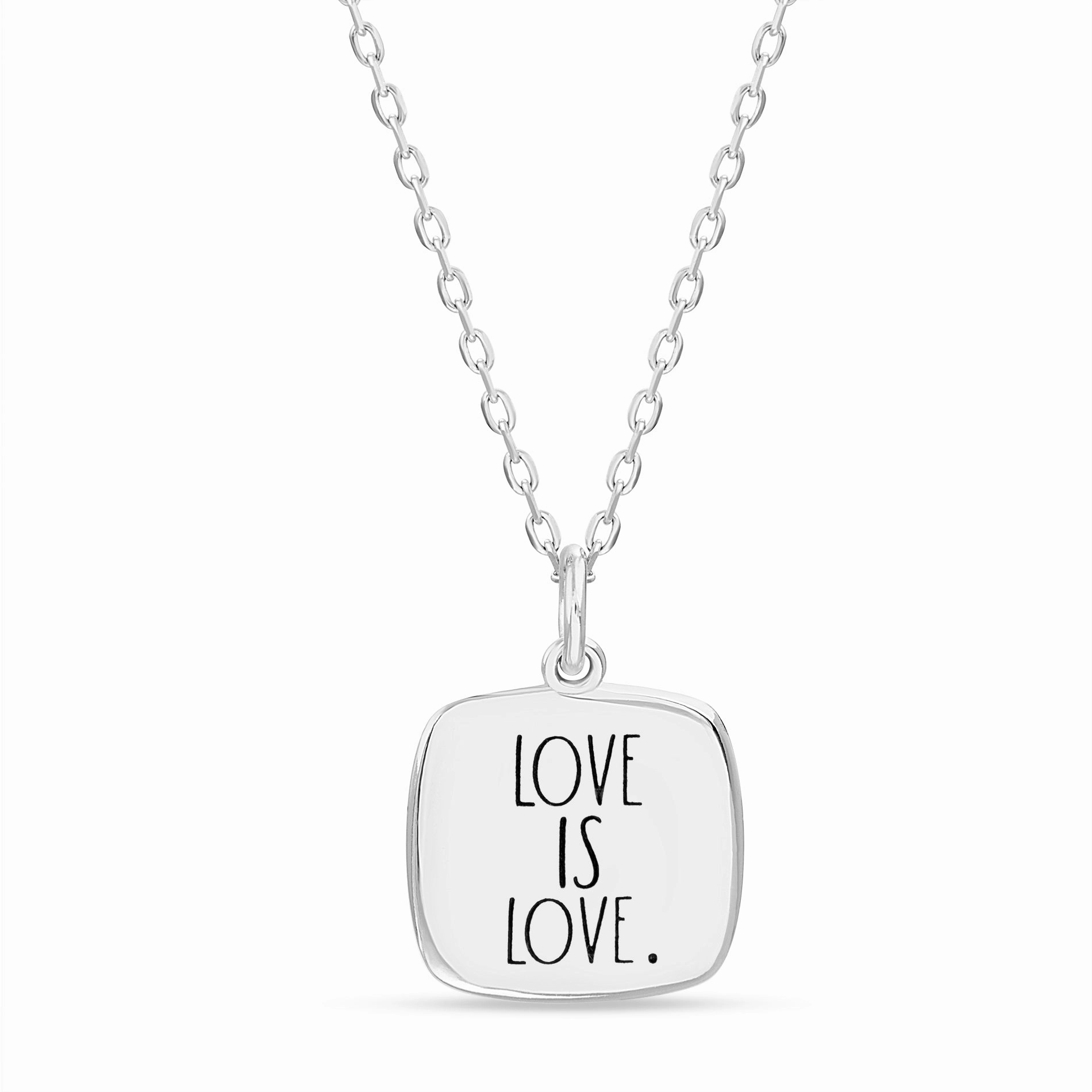 Rae Dunn Engraved Square Cable Chain Necklace in Rhodium Plated Sterling Silver Custom Accessory Smart feature