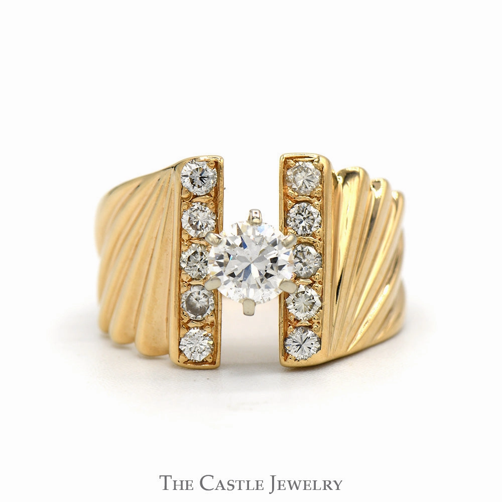 Graceful Detail Monogrammed Piece Round Diamond Solitaire Open Wave Designed Ring with Diamond Accents in 14k Yellow Gold