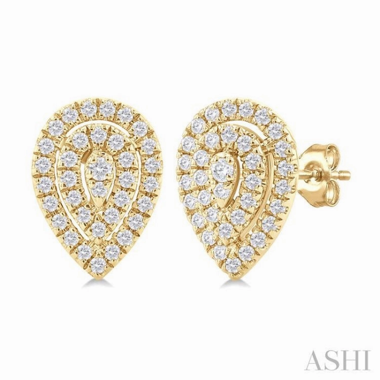Everyday Appeal Everyday Chic 1/5 Ctw Double Halo Pear Shape Petite Round Cut Diamond Fashion Stud Earring in 10K Yellow Gold