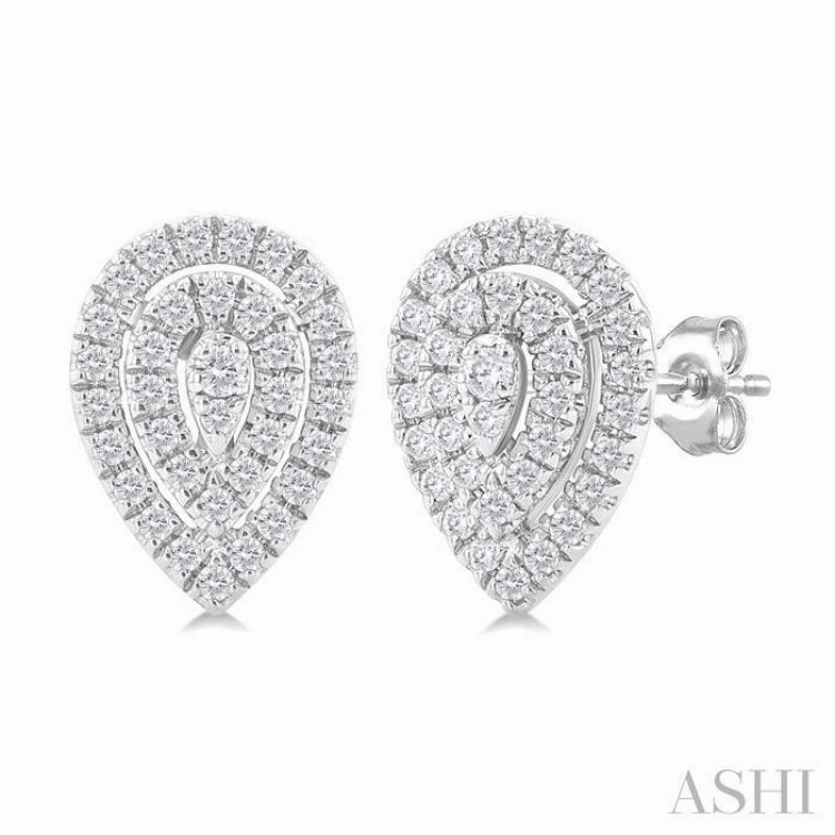 urban vibe Everyday Match 1/5 Ctw Double Halo Pear Shape Petite Round Cut Diamond Fashion Stud Earring in 10K White Gold