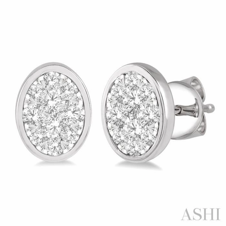 Comfort Fit 1/2 Ctw Oval Shape Lovebright Round Cut Diamond Bezel Stud Earring in 14K White Gold