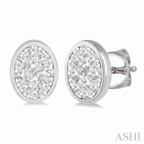 Comfort Fit 1/2 Ctw Oval Shape Lovebright Round Cut Diamond Bezel Stud Earring in 14K White Gold