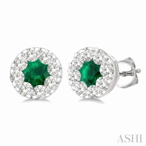 Sophisticated Glam 3.3 MM Emerald and 1/2 Ctw Round Cut Diamond Lovebright Precious Stud Earrings in 14K White Gold