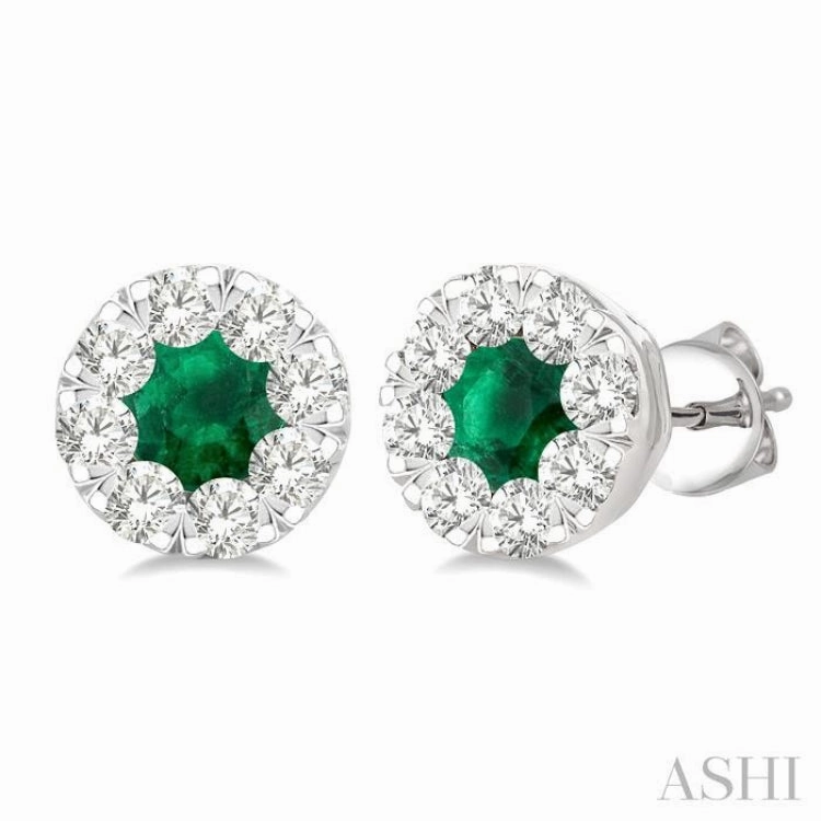 Sophisticated Glam 3.3 MM Emerald and 1/2 Ctw Round Cut Diamond Lovebright Precious Stud Earrings in 14K White Gold