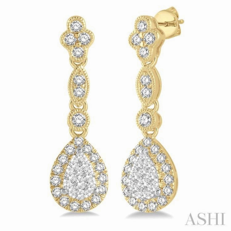 5/8 Ctw Pear Shape Halo Lovebright Round Cut Diamond Earrings in 14K Yellow and White Gold Dazzling Glow
