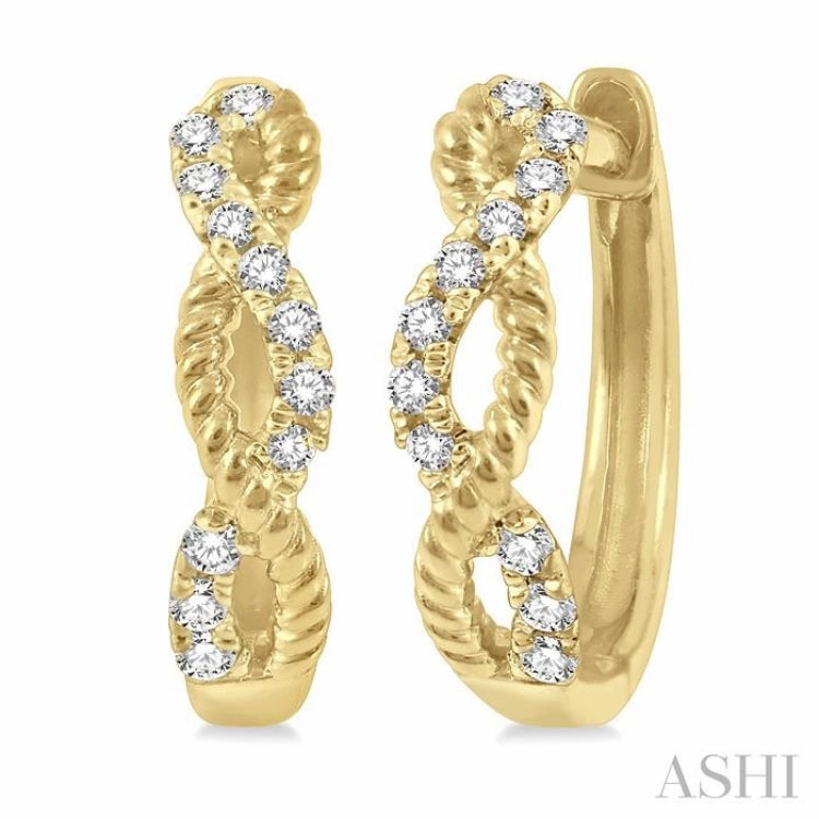 Evergreen style 1/10 Ctw Split & Twisted Rope and Single Cut Diamond Huggie Petite Earrings in 10K Yellow Gold