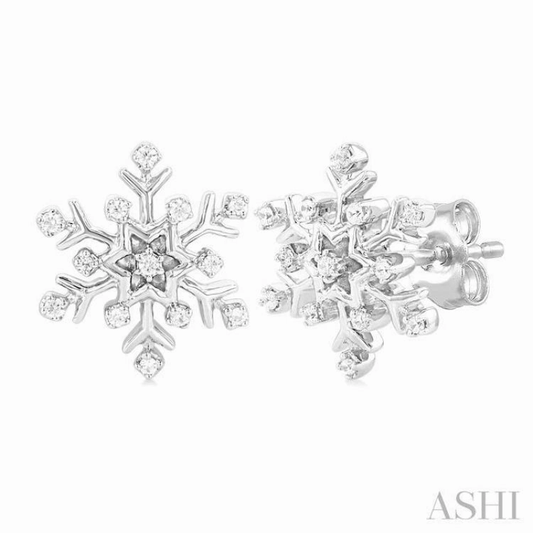 1/10 Ctw Petite Snowflake Round Cut Diamond Fashion Stud Earring in 10K White Gold Minimal Form