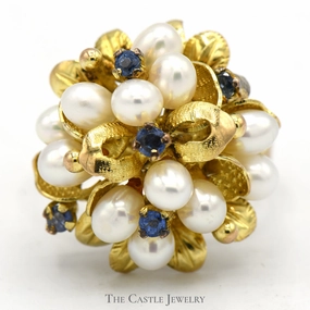 Designer Item Pearl and Sapphire Flower Cluster Ring in 14k Brushed Leaf Designed Setting