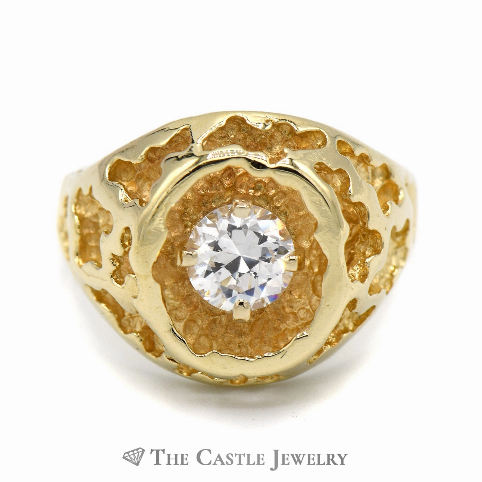 Men's Cubic Zirconia Ring in Open Nugget Designed 14k Yellow Gold Mounting Comfortable Decoration Simple Jewelry