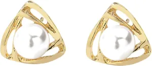 Triangular Pearl Stud Earrings for Women Vintage Hollow Out Earrings Stylish Minimalist Design Wedding Earrings (Gold, One Size)
