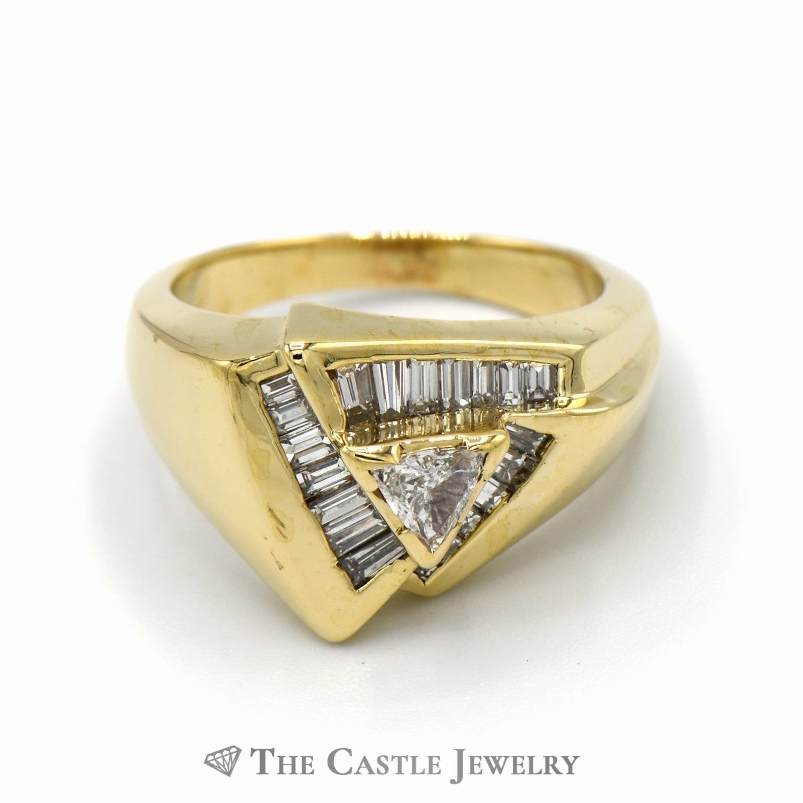 Unique Art Triangular Baguette Diamond Cluster Ring with .25ct Trillion Cut Diamond Solitaire Center in 14k Yellow Gold