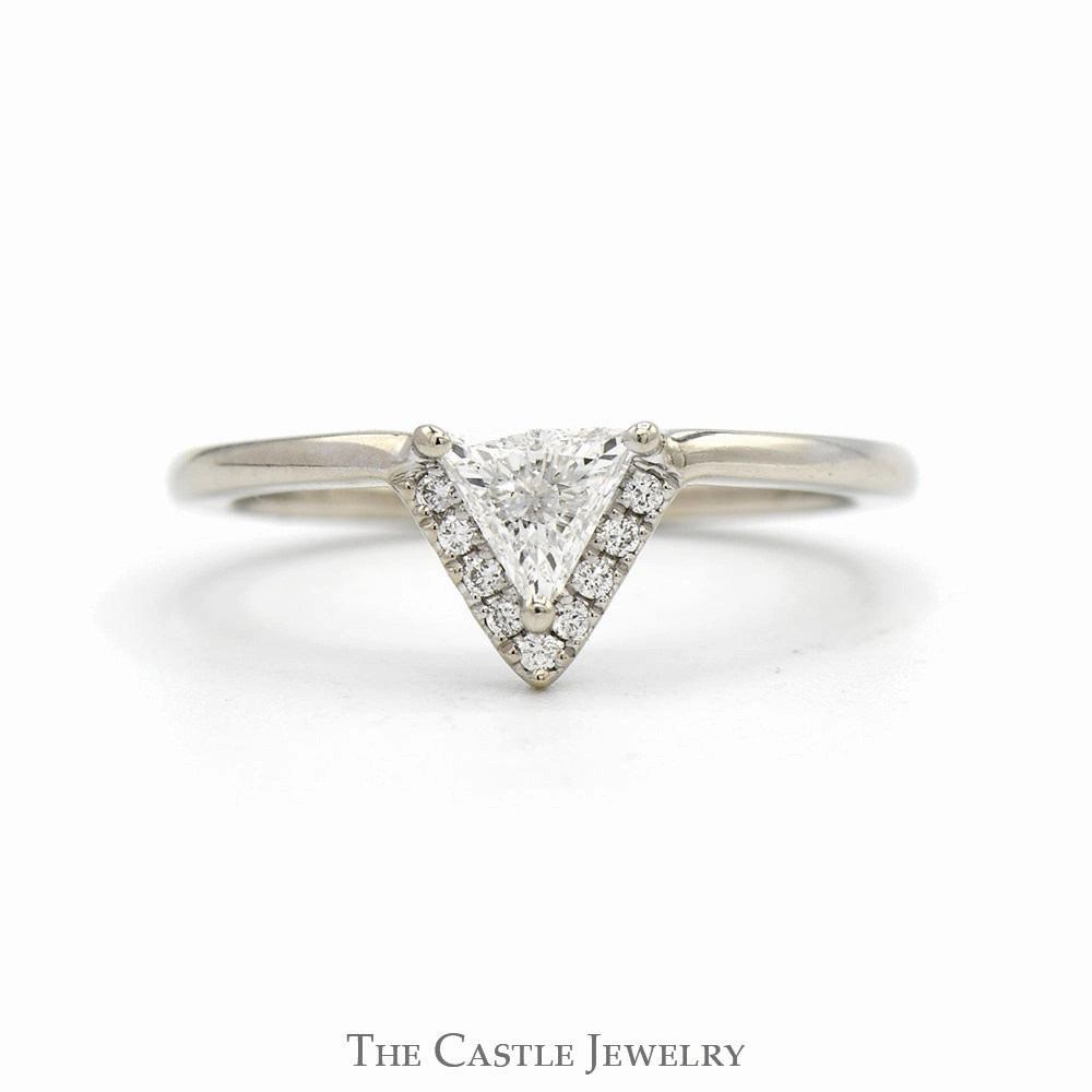 Trillion Cut Diamond Ring with Diamond Bezel in 14k White Gold Traditional Look
