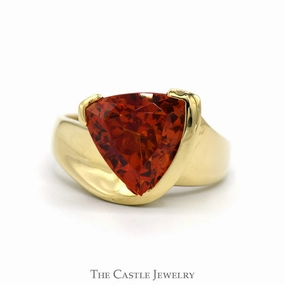 Trillion Cut Fire Opal Solitaire Ring in Polished Tapered 10k Yellow Gold Band Modern Outline