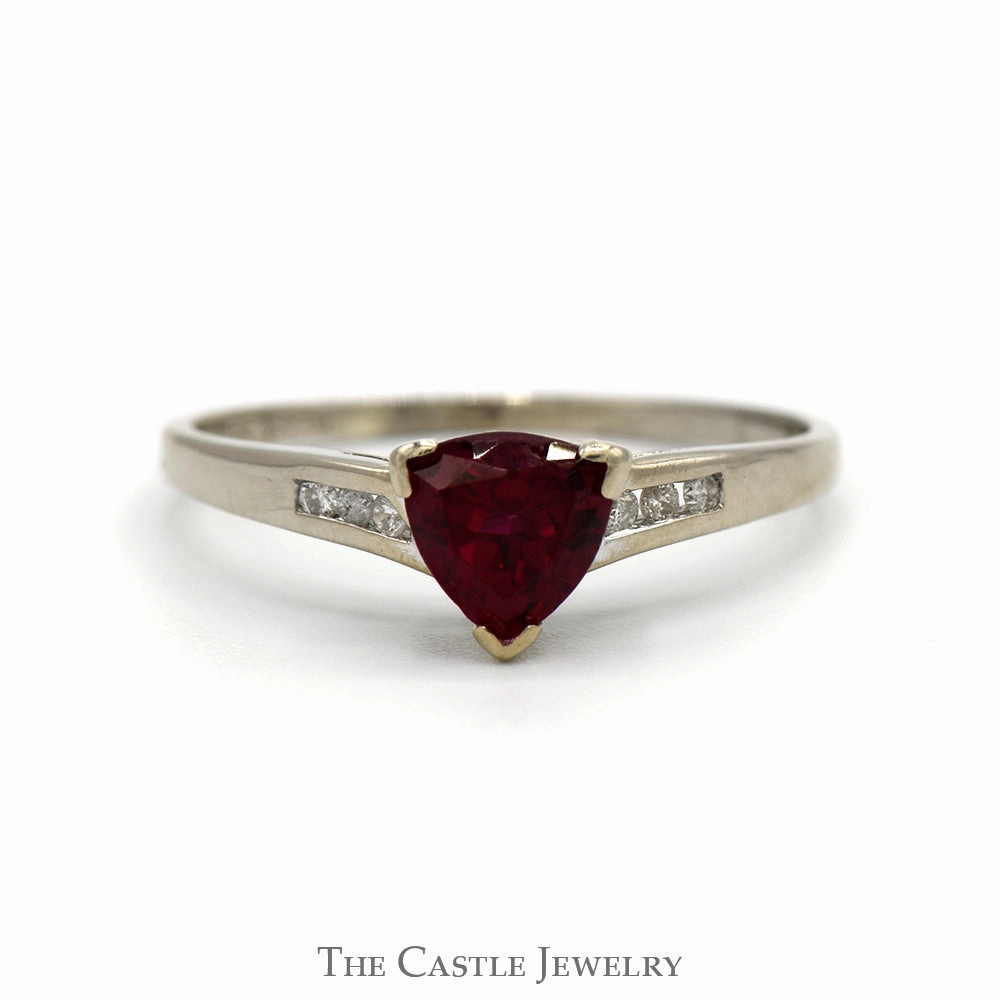 Trillion Cut Synthetic Ruby Ring with Channel Set Diamond Accents in 14k White Gold Ornate Memento