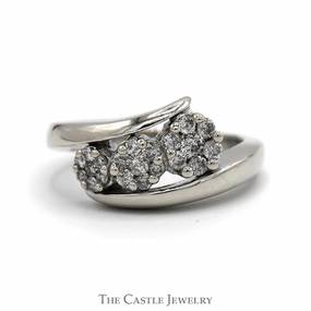 Sleek Look Triple Diamond Flower Cluster Ring with Bypass Design in 14k White Gold