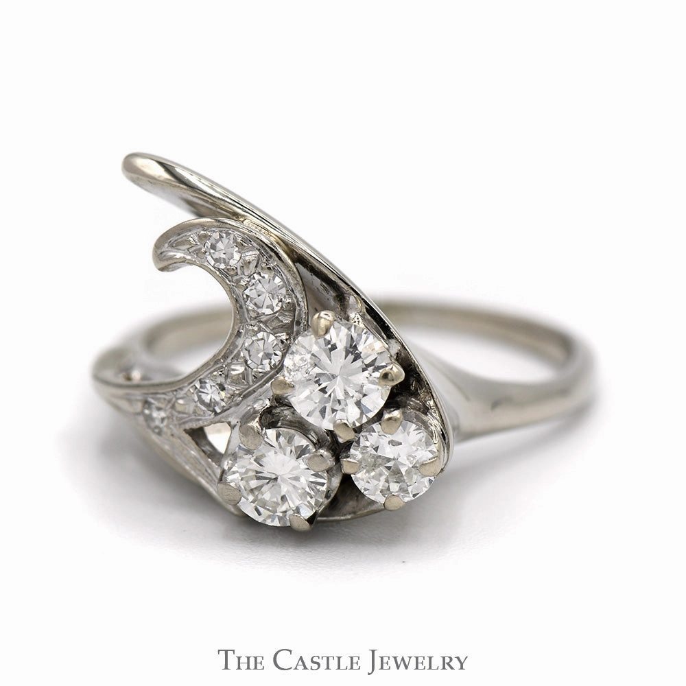 HighEnd Gift Youth Accessory Triple Diamond Swirled Freeform Ring with Diamond Accents in 10k White Gold