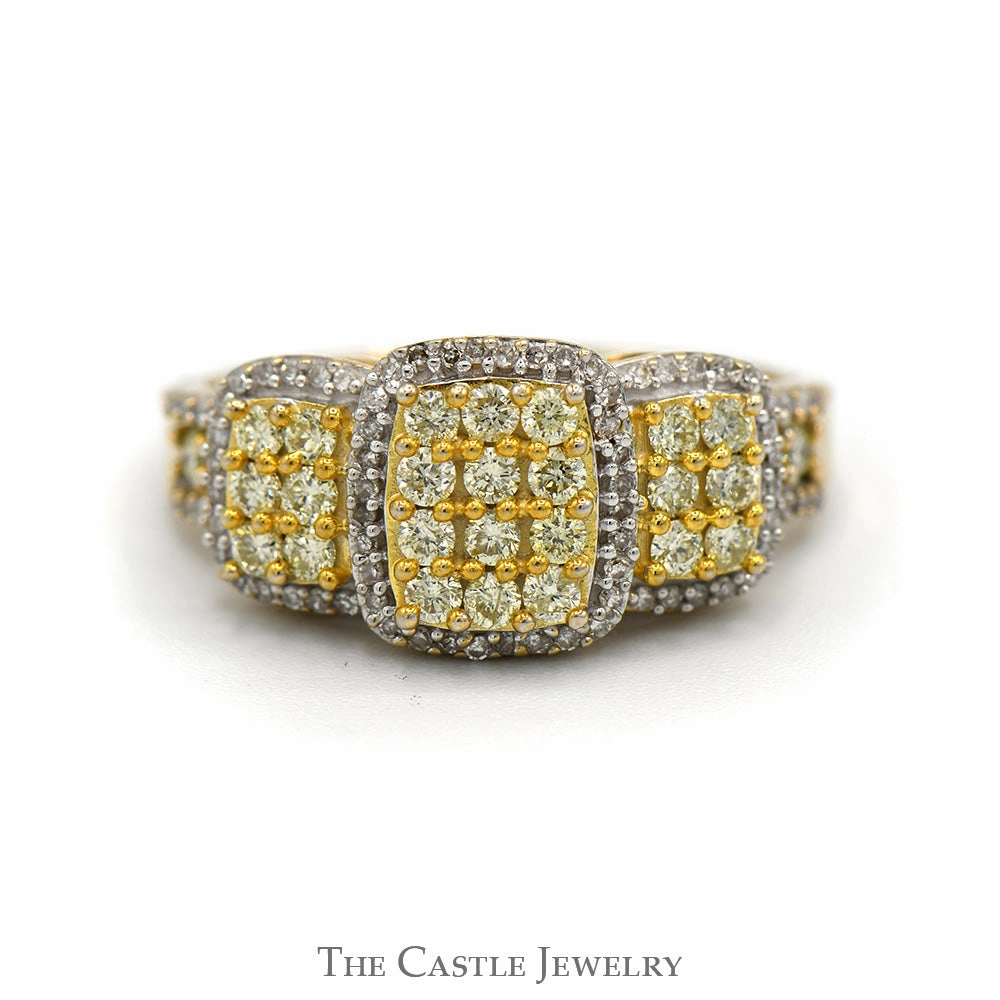 Triple Fancy Light Yellow Diamond Cluster Ring with Diamond Halo and Accented Sides in 14k Yellow Gold HighEnd Token Classic Emblem