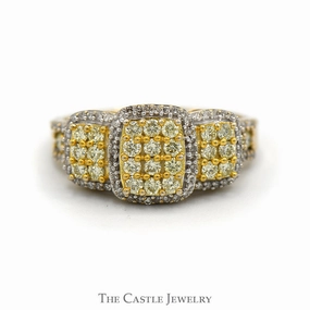 Triple Fancy Light Yellow Diamond Cluster Ring with Diamond Halo and Accented Sides in 14k Yellow Gold HighEnd Token Classic Emblem