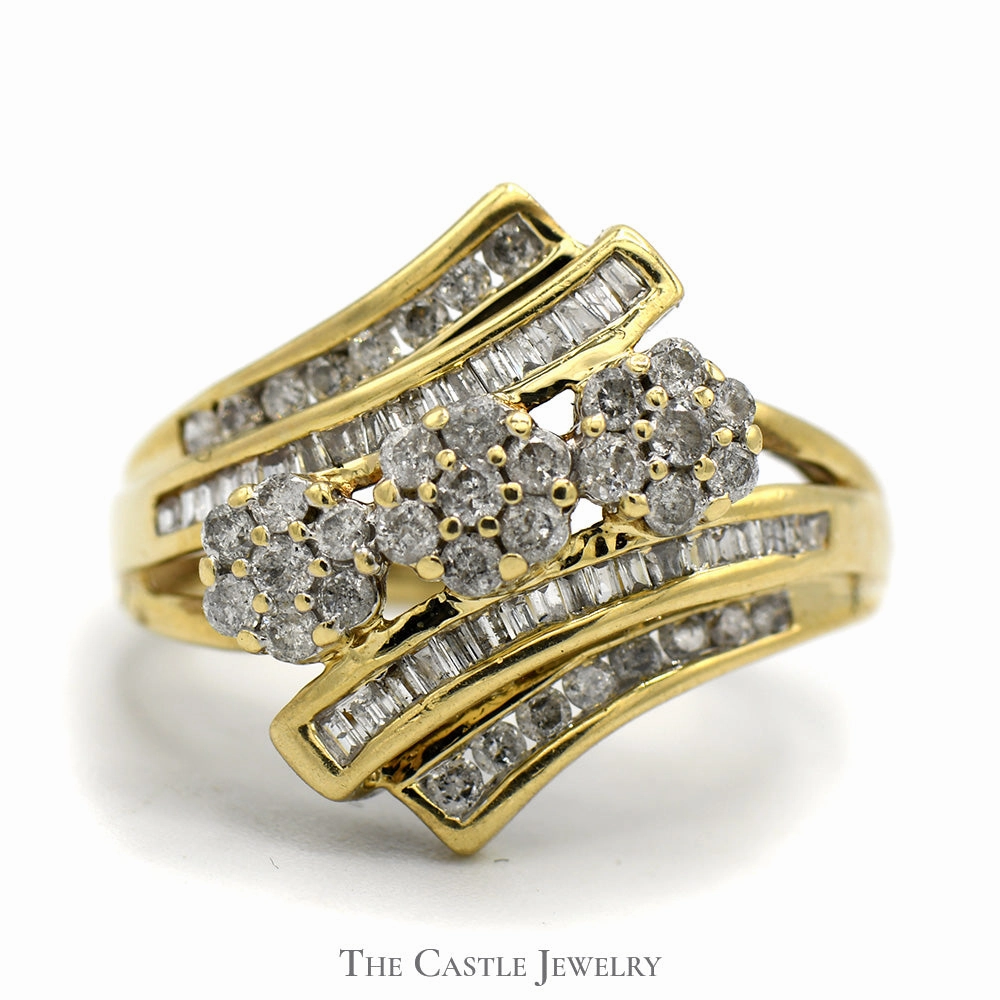 Elegant Feel Hard Surface Triple Flower Cluster Ring with Baguette and Round Diamond Accents in 10k Yellow Gold