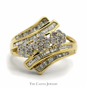 Elegant Feel Hard Surface Triple Flower Cluster Ring with Baguette and Round Diamond Accents in 10k Yellow Gold