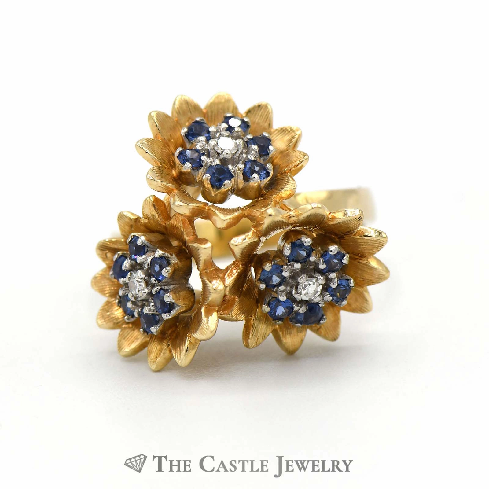 Triple Flower Sapphire & Diamond Cluster Ring in 14K Yellow Gold Traditional Mark All Day