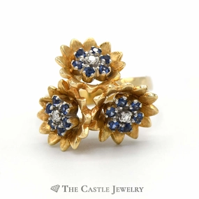 Triple Flower Sapphire & Diamond Cluster Ring in 14K Yellow Gold Traditional Mark All Day