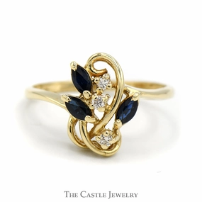 Triple Marquise Sapphire and Round Diamond Cluster Ring in 14k Yellow Gold Neutral Look Festive Look