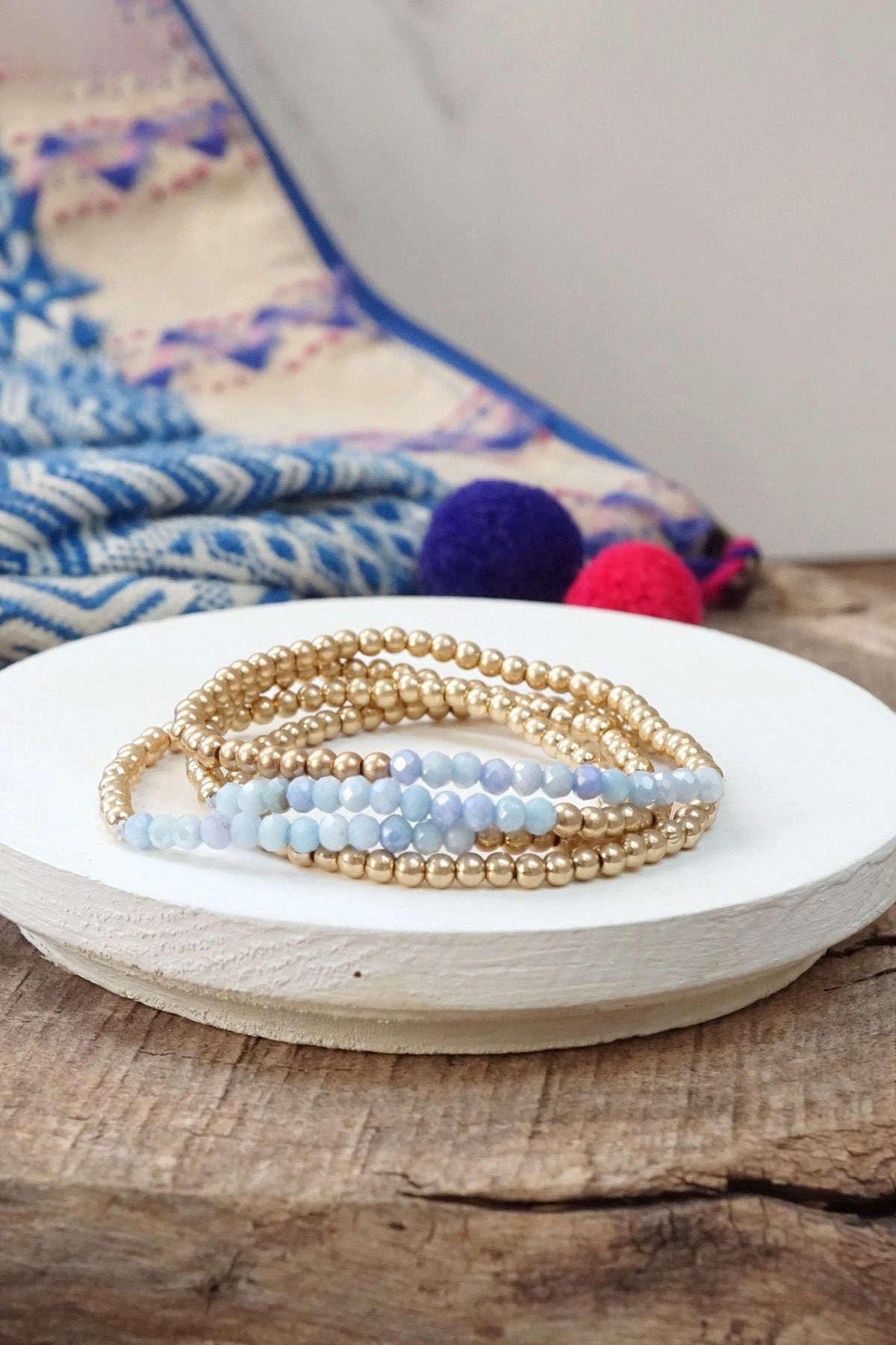 Award-winning Dominant Accent Small Worn Gold tone and Glass beads bracelet stack of 4 bracelets