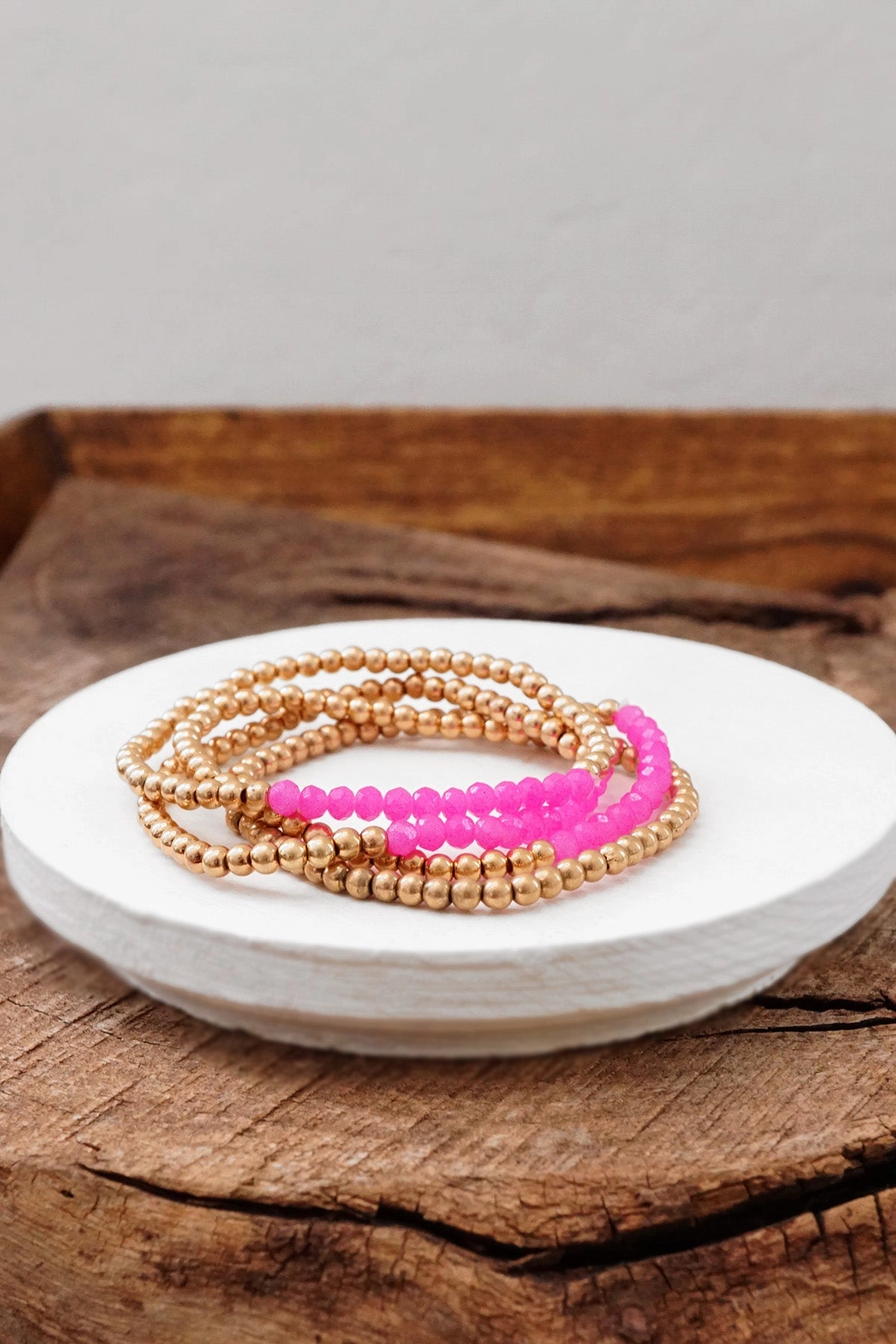 Playful Patterns Small Worn Gold tone and Glass beads bracelet stack of 4 bracelets