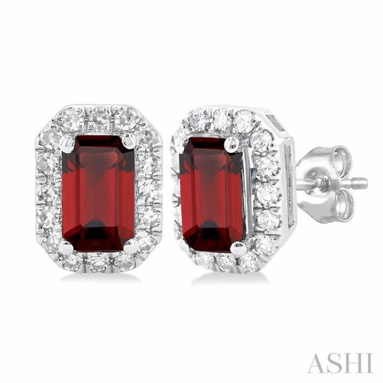 Effortless Finish Everyday Fashion 5x3 MM Octagonal Shape Garnet and 1/8 Ctw Single Cut Diamond Halo Semi-Precious Stud Earrings in 14K White Gold