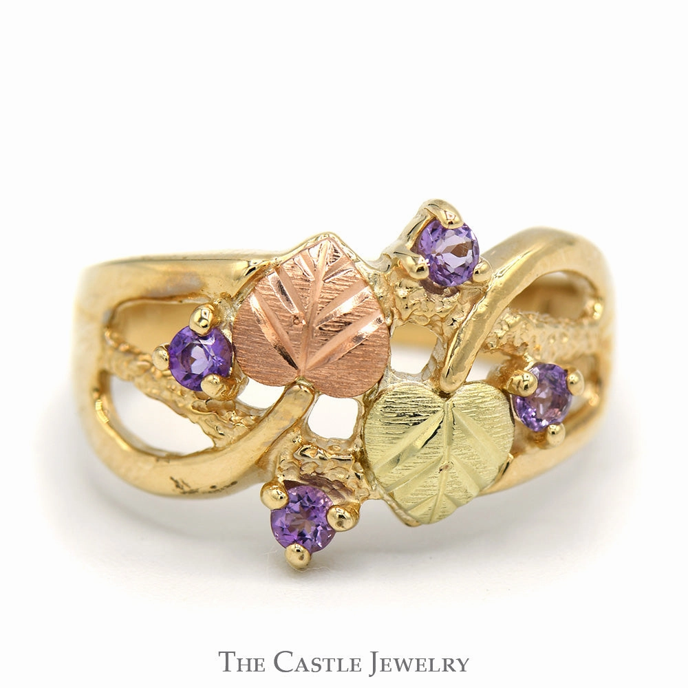Two Tone Leaf Designed Ring with Amethyst Accents in 10k Yellow and Rose Gold Graceful Contour Delicate Art