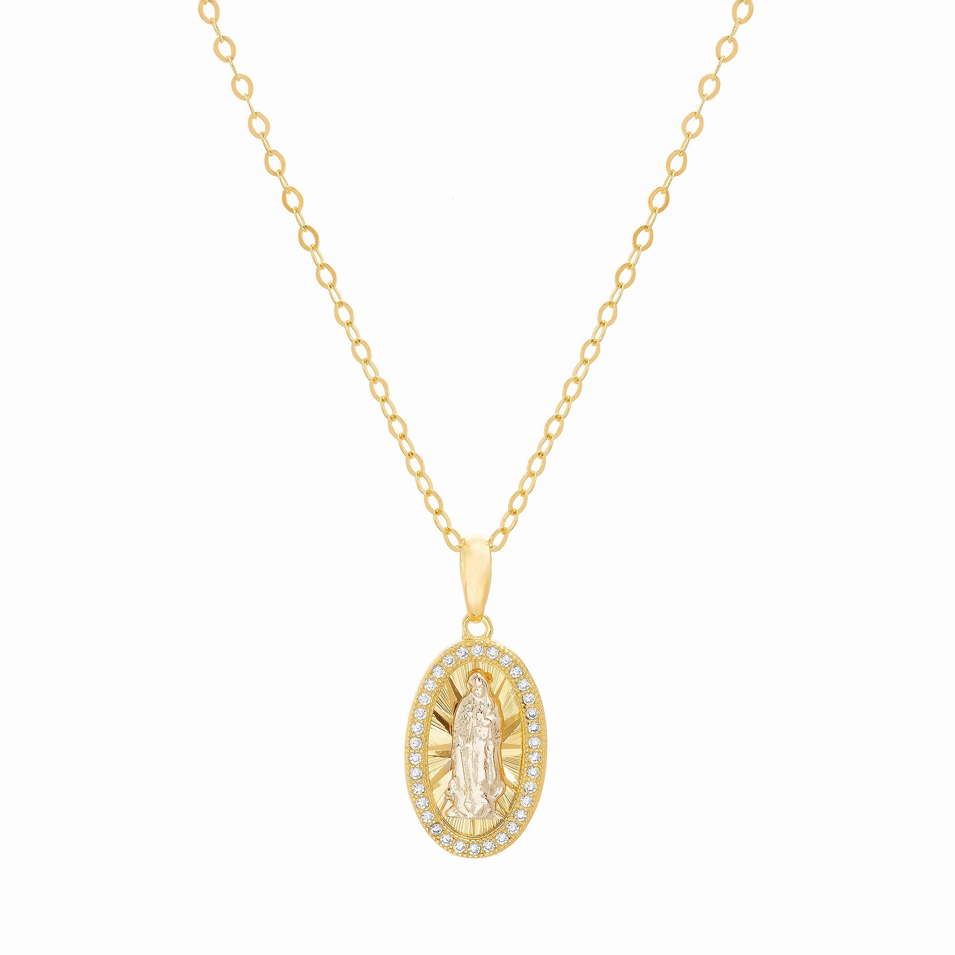 Two-tone Plated Sterling Silver Cubic Zirconia Border Miraculous Medal Pendant Necklace Ideal Adornment Great Adornment